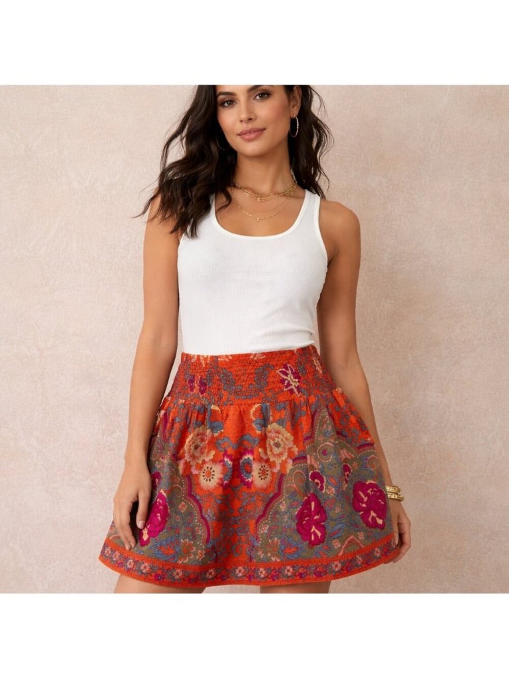 NWT Francesca's Rosebud Mini Skirt Boho Orange Smocked Waist Festival Size L